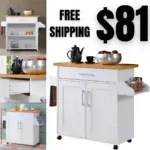 Hodedah Kitchen Island with Spice Rack, Towel Rack & Drawer, White with Beech Top