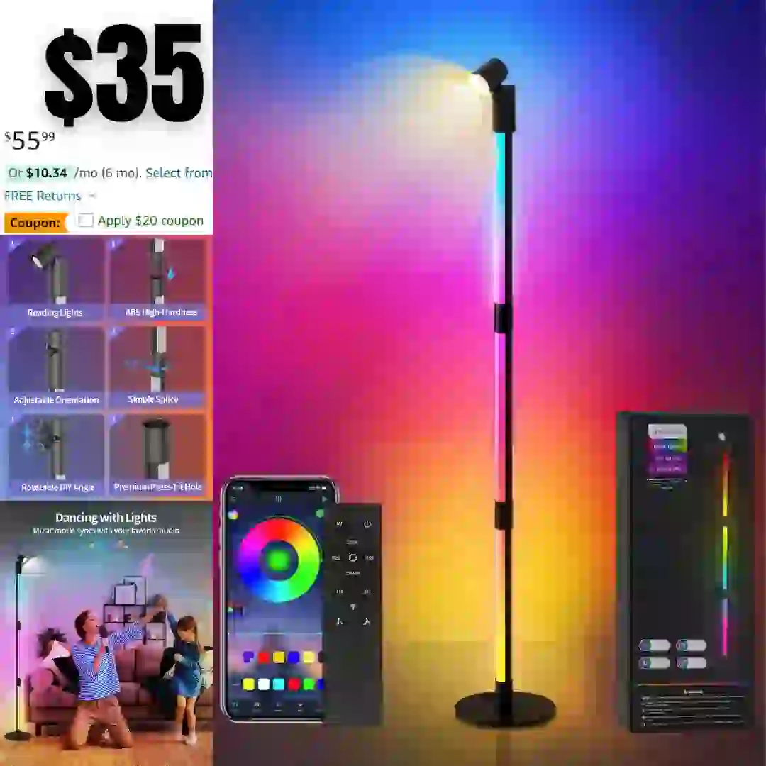 LED Floor Lamp, RGB with IC and White Light Corner Lamp, Smart Modern DIY Color Changing Floor Lamp with Music Sync, 360 Degree