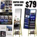 LED Jewelry Armoire Freestanding, 3 Color Dimmable 47.2 Full Length Mirror Large Capacity Jewelry Organizer Armoire