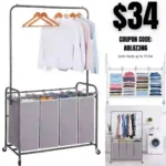 MANIAC Laundry Sorter with Hanging Bar, Portable, Removable Laundry Hamper Cart with Heavy Duty Rolling Lockable Wheels and Removable Bags