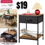 Nightstand, End Table with Fabric Storage Drawer and Open Wood Shelf, Bedside Furniture with Steel Frame