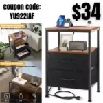 Nightstand with Charging Station, Bedside Table with USB Ports and Outlets, End Table with 2 Fabric Drawers
