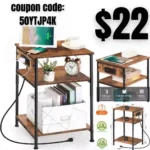 Nightstand with Charging Station, Side Tables Living Room, Bed Side TableNight Stand, 3-Tier End Tables with USB Ports
