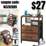 Nightstand with Charging Station, Small Night Stand with Fabric Drawers and Storage Shelf for Bedrooms