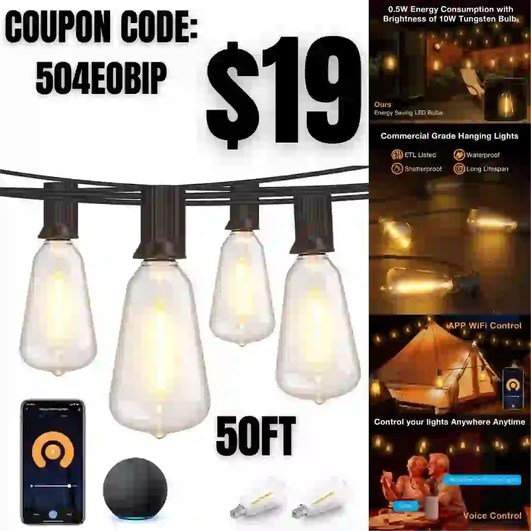 Outdoor String Lights 48Ft, Waterproof LED Outdoor Lights
