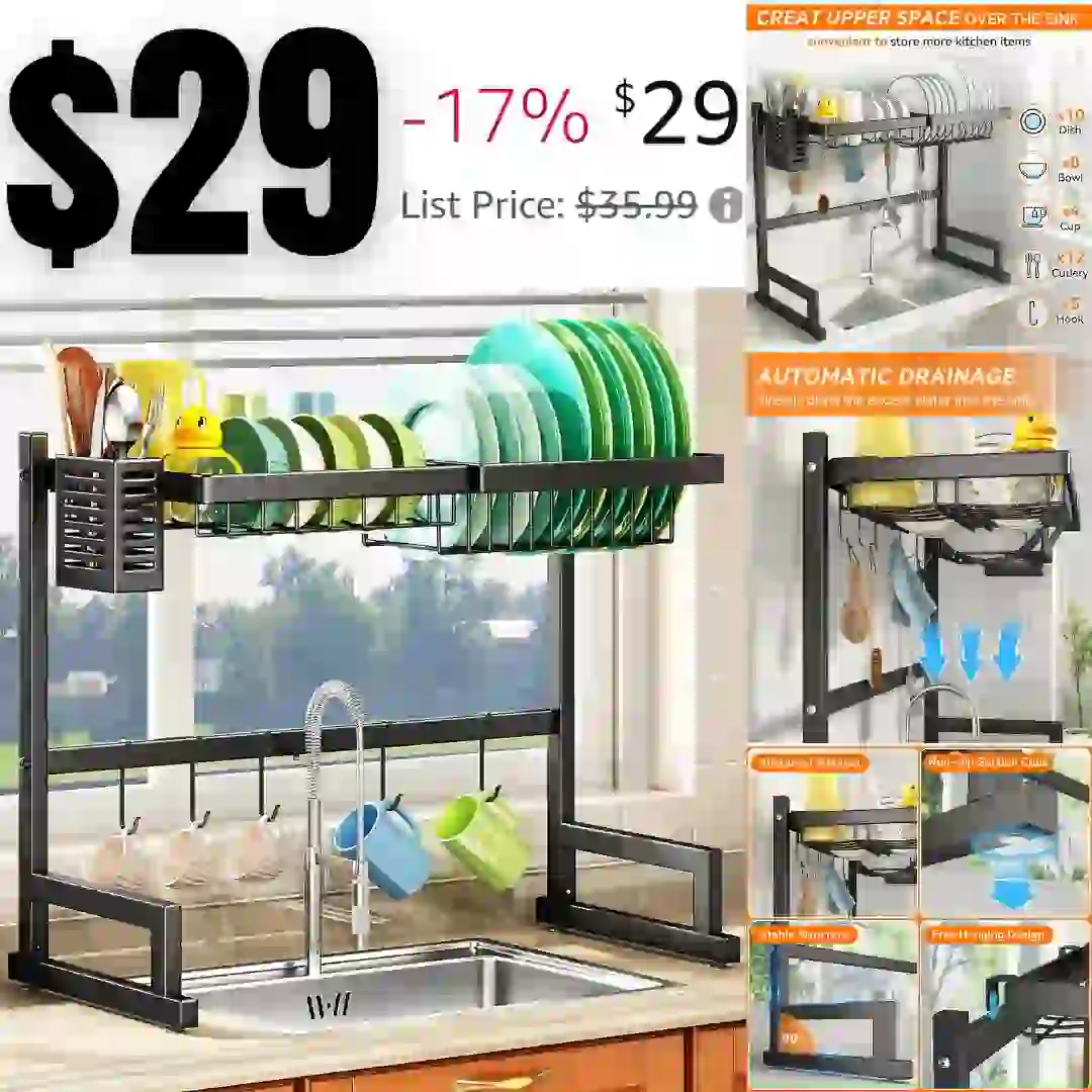 Over The Sink Dish Drying Rack,  2 Tier Kitchen Counter Dish Drying Rack with Utensil Holder Metal Utility Hook
