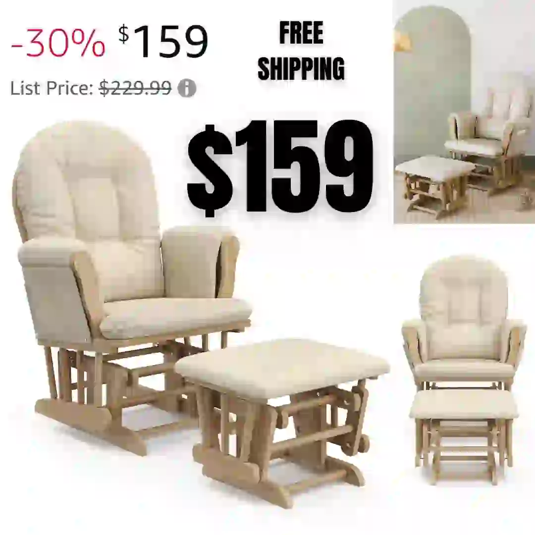 Premium Hoop Glider and Ottoman (NaturalBeige) – Padded Cushions with Storage Pocket, Smooth Rocking Motion