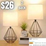 Set of 2 Bedside Table Lamp, Black Metal Modern Lamp with White Fabric Shade