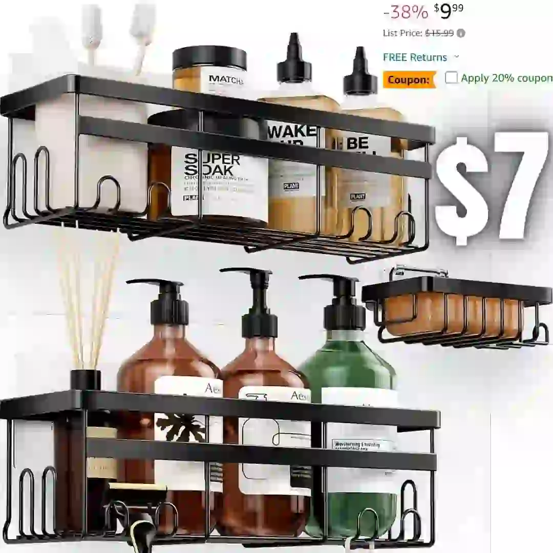 Shower Caddy, 3-Pack with Soap Holder, No Drilling Rustproof Organizer with Save Space Hooks