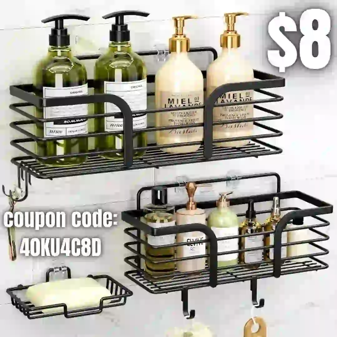 Shower Caddy, Adhesive Shower Organizer with Soap Dish and 4 Hooks, Rustproof Stainless Steel Shower Shelves, Wall Mounted No Drilling Storage Shelf Basket