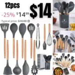 Silicone Cooking Utensils Kitchen Utensil Set, 12 PCS Wooden Handle