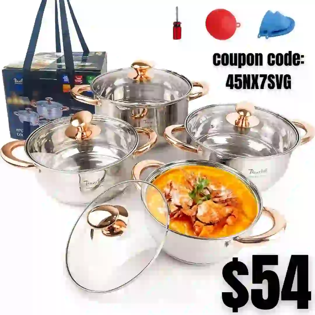 Silver Pots and Pans Set with lids-8 Piece Luxe Silver 304 Stainless Steel Cookware Set PFOA Free Non Toxic