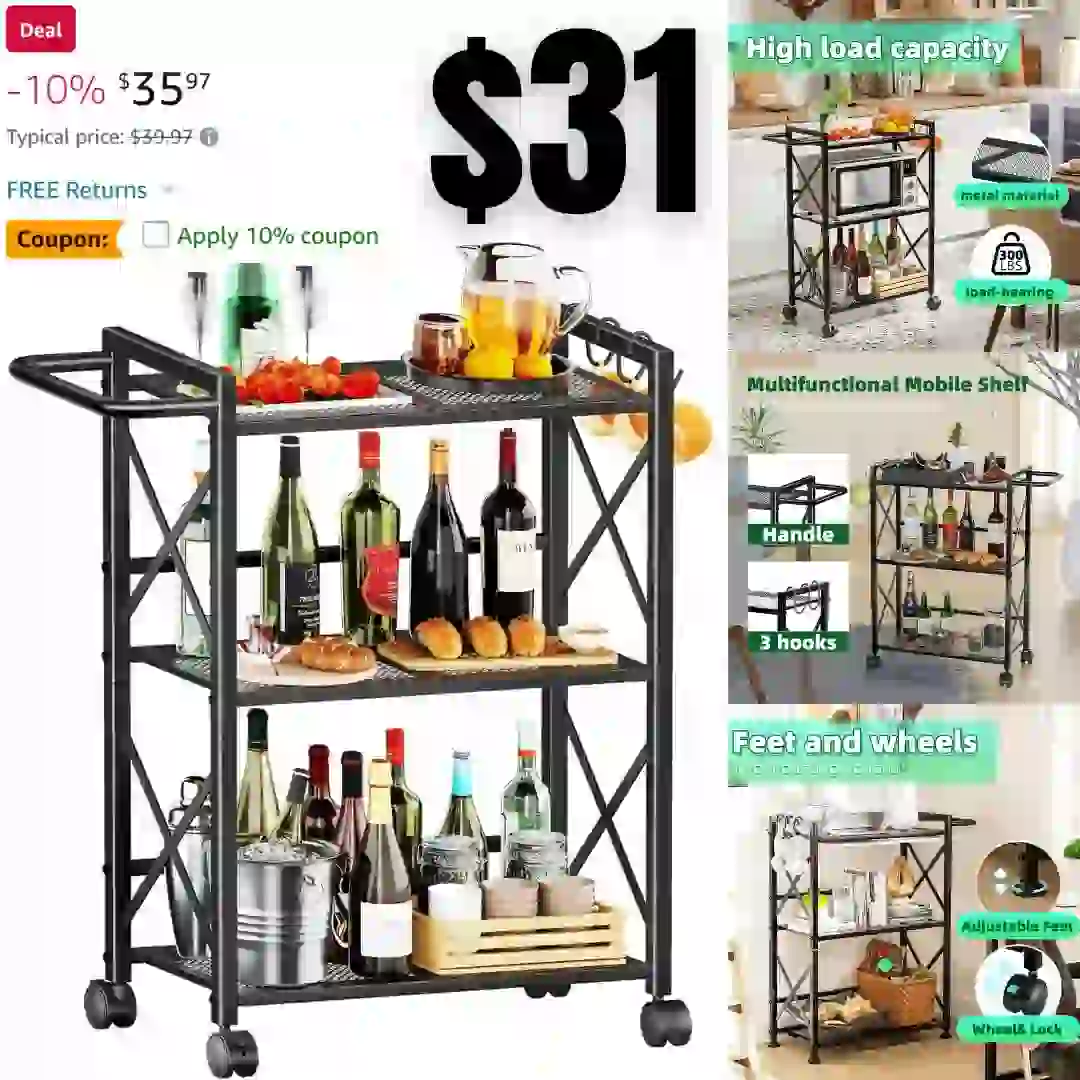 Simple Trending Utility Rolling Cart, 3 Tier Heavy Duty Bar Cart with Handle Shelves