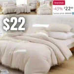 Smoofy Beige Pom Fringe Full Comforter Set Boho Chic Cute Ball Pom Bedding Set