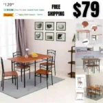 Space Saving Table Set for 4, Wooden Top Metal Legs, for Kitchen, Dining Room