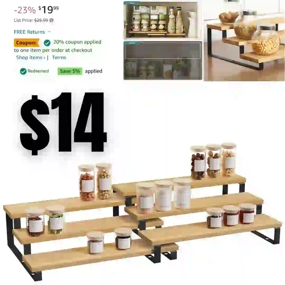Spice Rack, Set of 2 Bamboo Expandable Display Shelf, 3 Tier Spice organization for cabinet, Tiered shelf organizer for Pantry