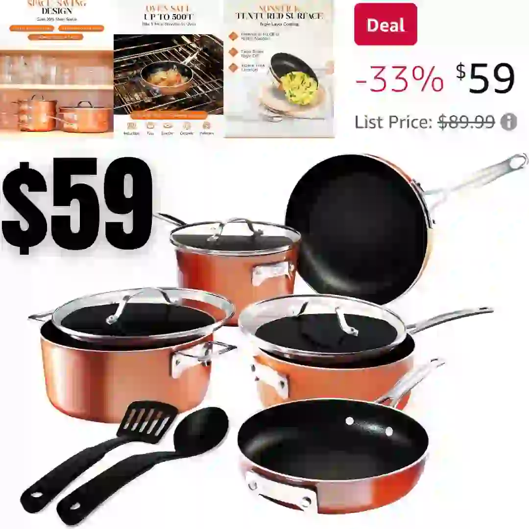 Steel 10 Pc Copper Pots and Pans Set Non Stick Cookware Set