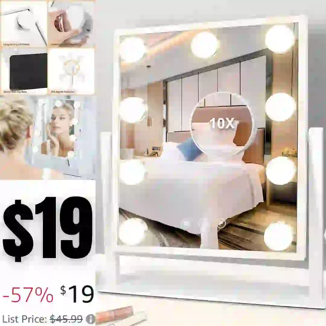 Vanity Mirror with Lights Hollywood Mirror Lighted Makeup Mirror with Dimmable&3 Color Modes Lights, 9 LED Bulbles with Detachable 10X Magnification Mirror Lighted Makeup Mirror