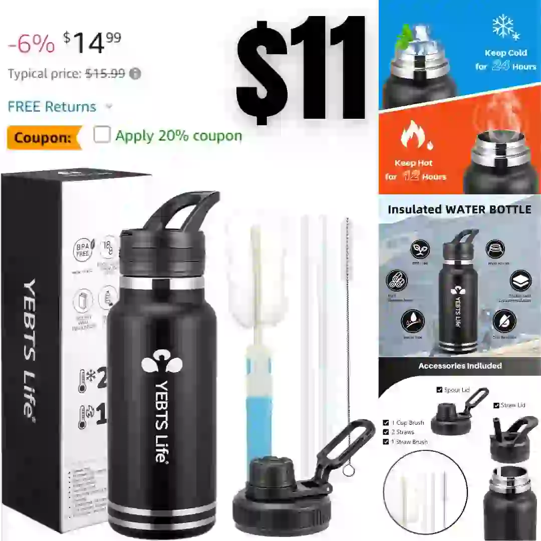 Water Bottle With Straw,32 oz Vacuum Insulated Stainless Steel Sports Water Flask with 2 Lids & 2 Straws