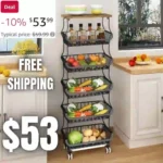 Wisdom Star 6 Tier Fruit Vegetable Basket for Kitchen with Wooden Tabletop, Storage Cart Vegetable Basket Bins for Onions and Potatoes