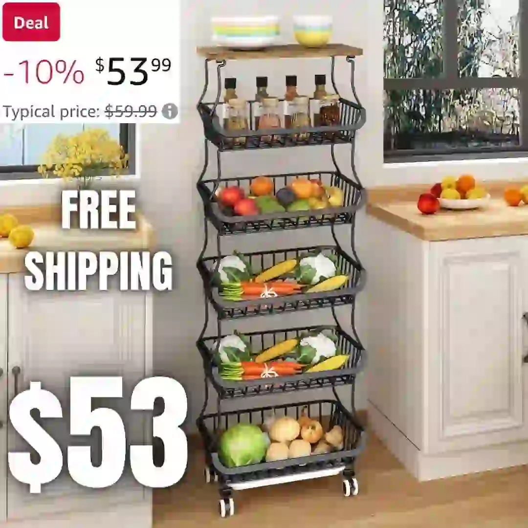 Wisdom Star 6 Tier Fruit Vegetable Basket for Kitchen with Wooden Tabletop, Storage Cart Vegetable Basket Bins for Onions and Potatoes