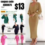 Women’s Fall Winter Sweater Dress Long Sleeve Lapel V Neck Ribbed Knit Slim Fit Bodycon Midi Dresses with Belt