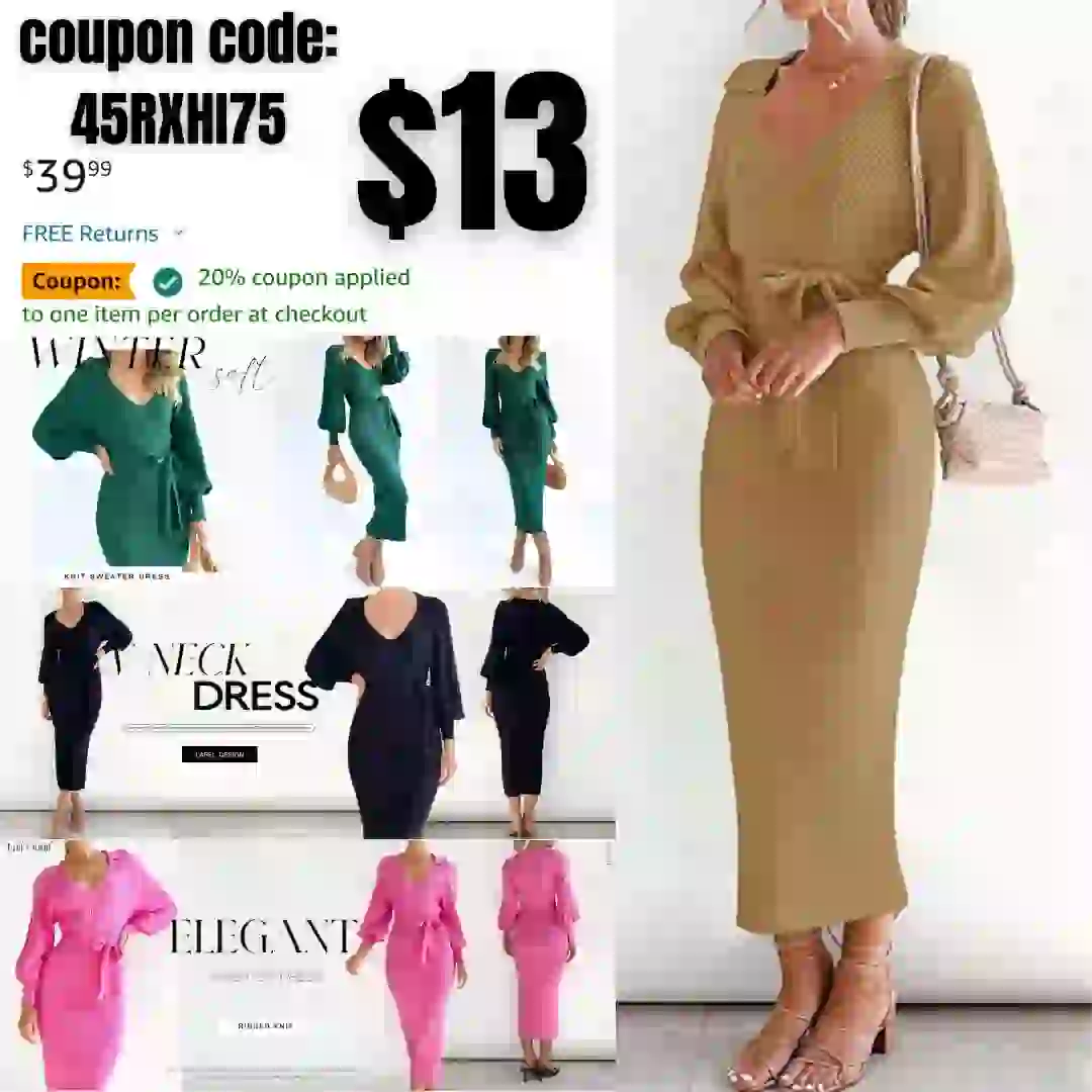 Women’s Fall Winter Sweater Dress Long Sleeve Lapel V Neck Ribbed Knit Slim Fit Bodycon Midi Dresses with Belt