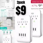 3-Outlet Wall Mount Surge Protector, 900 Joules, 4 USB