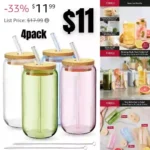 4pack Tumblers with Lids – Drinking Glasses, Iced Coffee Cups with Bamboo Lids