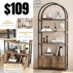 Arched Bookshelf, Bookcase with Doors Storage, 71.5 Inches Tall Industrial Book Shelf with Sturdy Metal Frame and Quality Boards