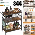 Bar Cart for The Home, 3-Tier Serving Carts with Lockable Wheels, Glass Holder, 6 Hooks