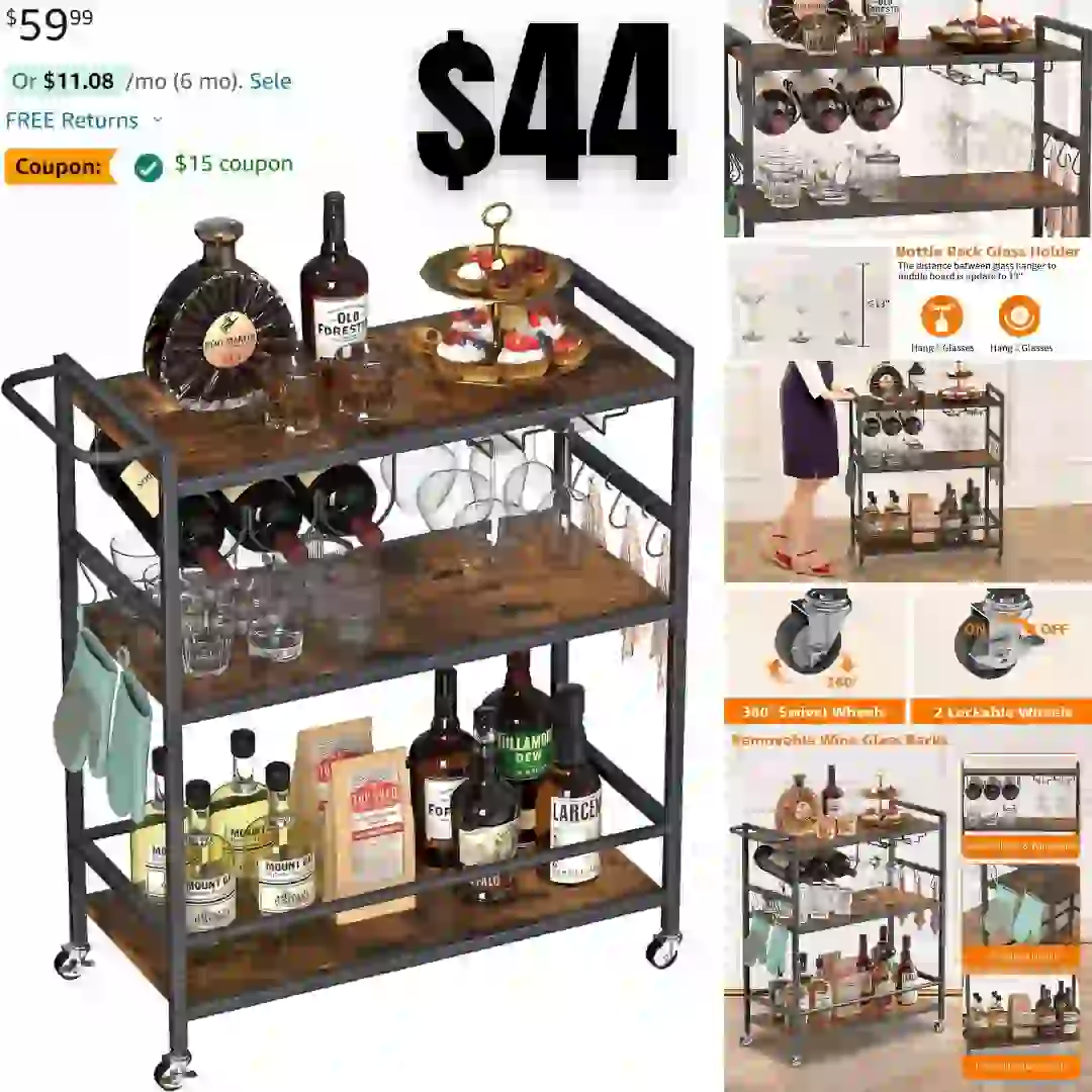 Bar Cart, Home Bar Serving Cart, Drink Cart, Microwave Cart, Mobile Kitchen Shelf with Wine Rack and Glass Holder