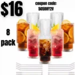 Combler Ribbed Glass Cups with Glass Straws, 11oz Drinking Glasses Set of 8