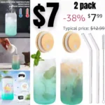 Drinking Glasses with Bamboo Lids and Glass Straw 2pcs Set