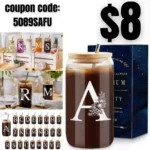 Elysine Initial Glass Cup 16oz, Monogrammed Gifts for Women, Glass Can Cup wBamboo Lid Straw