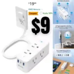 Flat Extension Cord, 5ft Flat Plug Power Strip, 6 Wide Outlets and 3 USB Ports