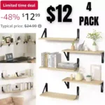 Floating Shelves for Wall Decor Storage, Natural Bookshelf with Black Bracket Set of 5