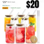 Glass Cups with Bamboo Lids and Straws 8pcs Set