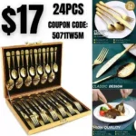 Gold Silverware Set, OGORI 24-Piece Gold Forged Stainless Steel Flatware Set