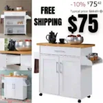 Hodedah Kitchen Island with Spice Rack, Towel Rack & Drawer, White with Beech Top