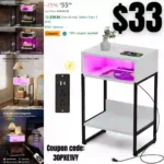 Innerjoin Side Table with Charging Station USB A&C Ports, LED Nightstand with Storage Compartment