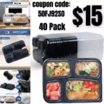 Meal Prep Container, 4 Compartment 40 Pack 34oz – Reusable Bento Boxes for Food Storage and Portion Control