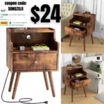 Nightstand with Drawer, Side Table with Charging Station, Mid-Century Modern End Table