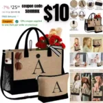 Personalized Birthday Gifts for Women – Initial Jute Tote Bag Beach Bag Makeup Bag