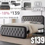 Queen Size Bed Frame, Heavy Duty Bed Frame with Buton Tufted Headboard, Upholstered Platform Bed with Strong Metal Slats