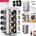 Revolving Spice Rack, 16-Jars Stainless Steel Spice Rack Organizer, Square Carousel Spice Rack Tower