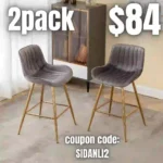 Sidanli Gray Velvet Bar Stools-Set of 2