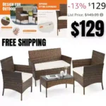 Sweetcripy Patio Furniture Set 4 Pieces, Outdoor Furniture with Soft Cushion and Glass Table