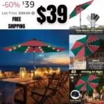 Tempera 9 ft Solar Patio Umbrella 40 LED Lighted Outdoor Umbrella Table Market Umbrella with Push Button Tilt and Crank