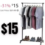 USA Portable Single-Rod Height Adjustable Clothes Rack with Lockable Wheels